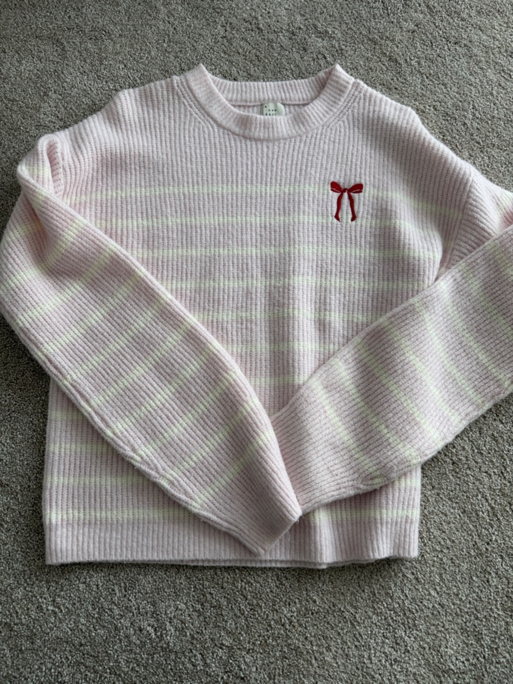 a new day Pink Striped Crewneck Sweater with Red Bow Detail